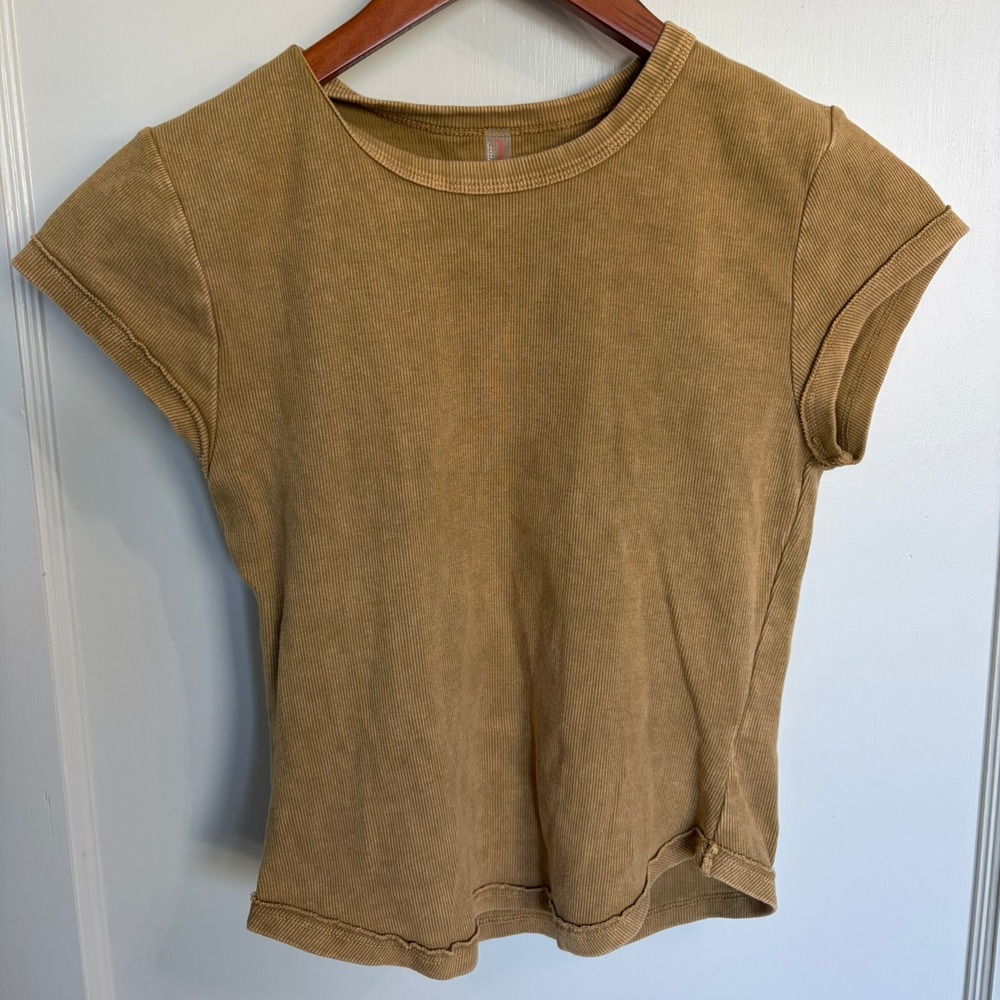 FP Movement Free People Ribbed Baby Tee Cap Sleeve Washed Camel Tan Crop Size M